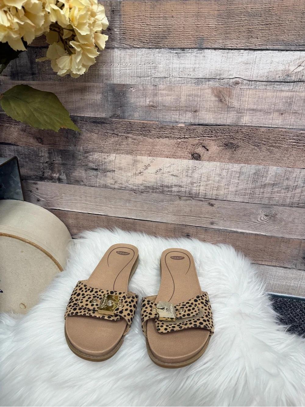 Dr. Scholl's Leopard Print Slide Sandals with Gold Buckle